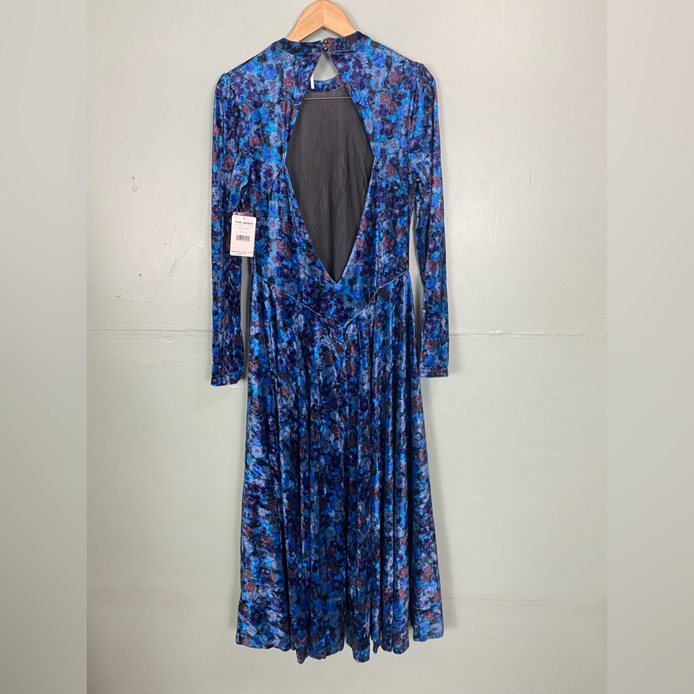 Free People Heartland Velvet Maxi Dress Blue Floral Open Back‎ Long Sleeve Large - Picture 7 of 8